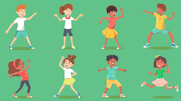 Photo a group of diverse children are dancing and having fun they are all wearing casual clothes and are smiling the background is a solid color