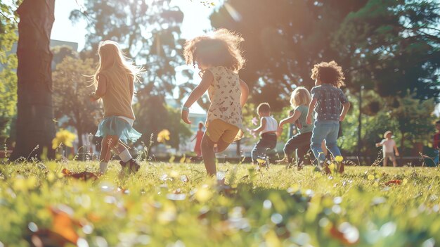 Photo a group of diverse children are running and playing together in a field on a sunny day