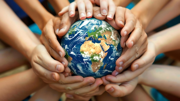 Foto un gruppo di bambini diversi che tengono la terra nelle loro mani l'immagine è un simbolo di speranza e di unità per il futuro del nostro pianeta