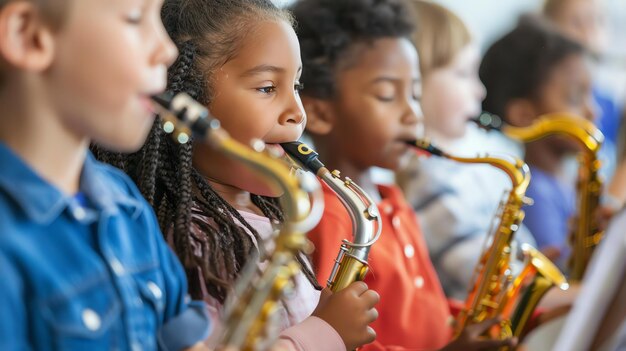 학교 밴드에서 색소폰을 연주하는 다양한 아이들의 그룹은 모두 지휘자를 바라보고 있습니다.
