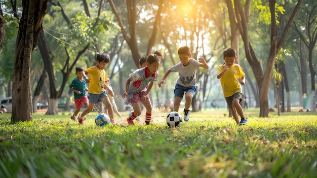 A group of diverse children playing soccer in a park on a sunny day They are all smiling and having fun