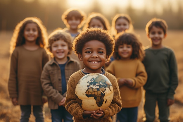 Photo a group of diverse children standing outdoors on a sunny day