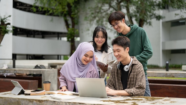 Группа студентов колледжа из разных стран обсуждает детали проекта с помощью ноутбука в парке кампуса.