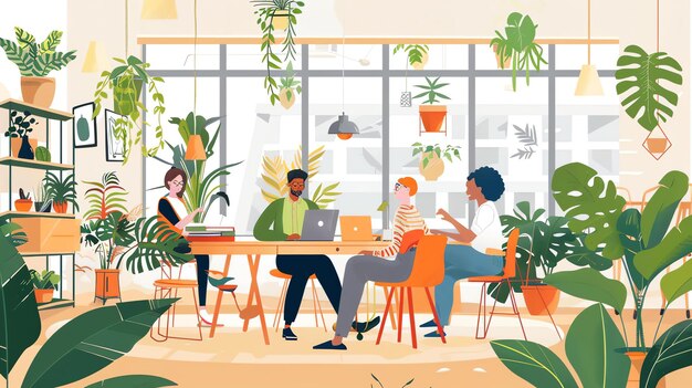 A group of diverse coworkers brainstorm ideas in a creative office space