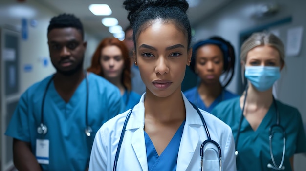 A group of diverse doctors and nurses in scrubs and lab coats stand together in a hospital hallway looking at the camera with serious expressions