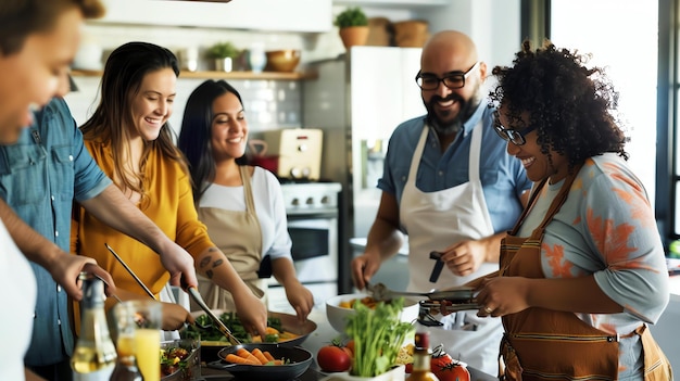 Foto un gruppo di amici diversi stanno cucinando insieme in una cucina stanno tutti sorridendo e ridendo e sembrano divertirsi