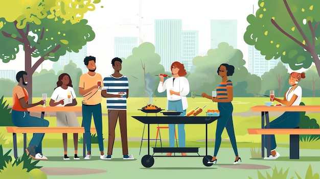 Группа разнообразных друзей устраивает барбекю в парке, они готовят еду, пьют вино и разговаривают.