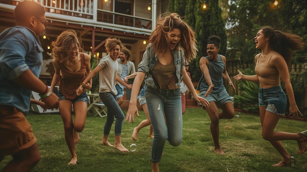 Photo a group of diverse friends are having a great time at a party in the backyard they are all smiling laughing and dancing