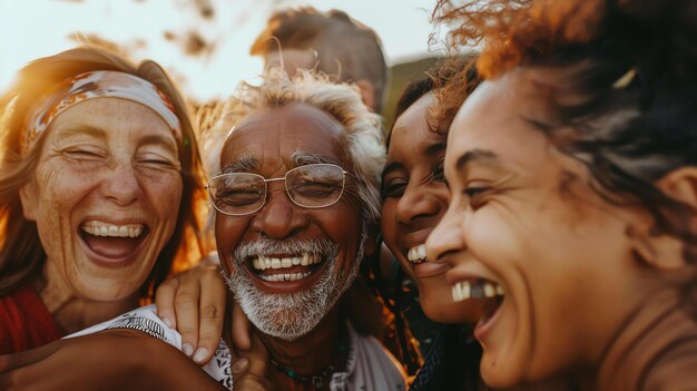 Photo a group of diverse friends are laughing and hugging each other they are all wearing casual clothes and look like they are having a good time