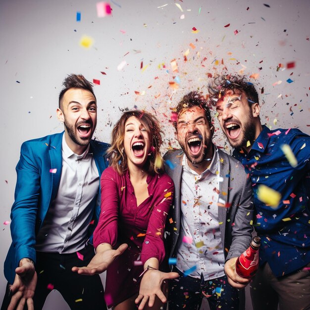 Foto un gruppo di amici diversi che festeggiano a una festa buon anno, gioia, confetti, promozione sui social media