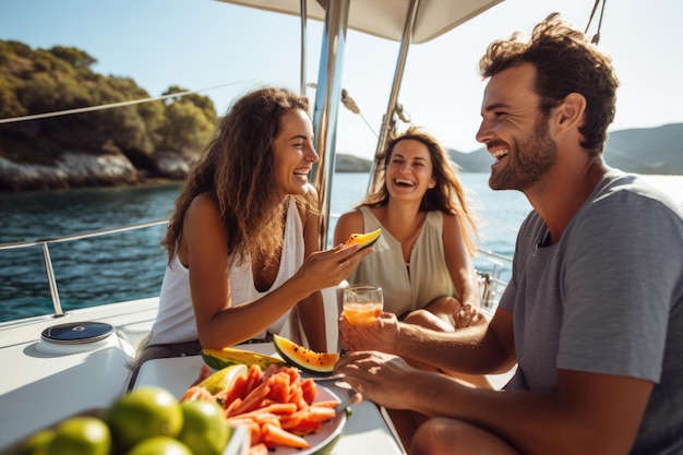 Group of diverse friends eating fruit while having a party in yacht Attractive young men and women h