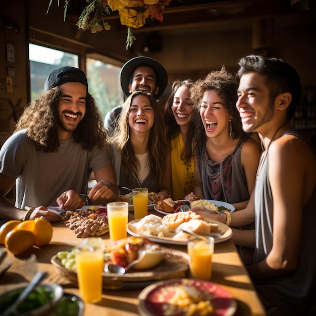 A group of diverse friends laughing and enjoying a meal together at a restaurant