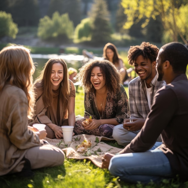 Photo a group of diverse friends laughing and enjoying a picnic in the park