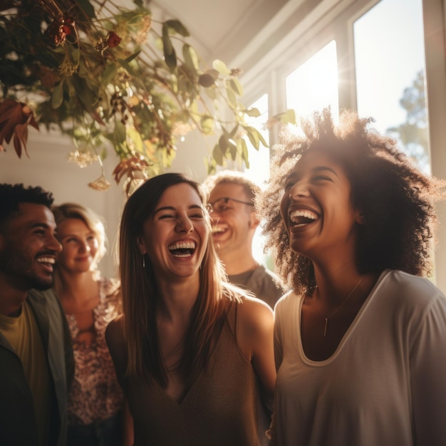 A group of diverse friends laughing together in a sunlit room