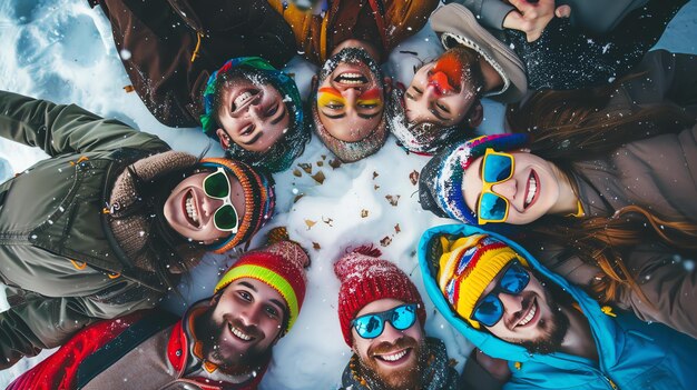 Photo a group of diverse friends lying in the snow smiling and laughing