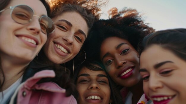 A group of diverse friends share a joyful selfie moment smiles lighting up their faces