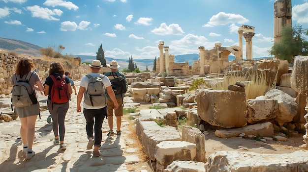 Группа разнообразных друзей прогуливается по древним руинам в солнечный день