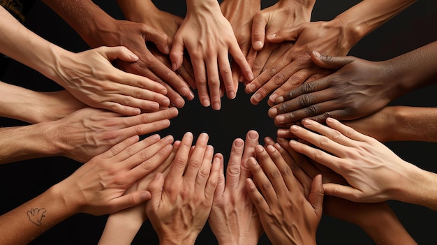 A group of diverse hands of different skin tones coming together in unity and solidarity isolated on a black background