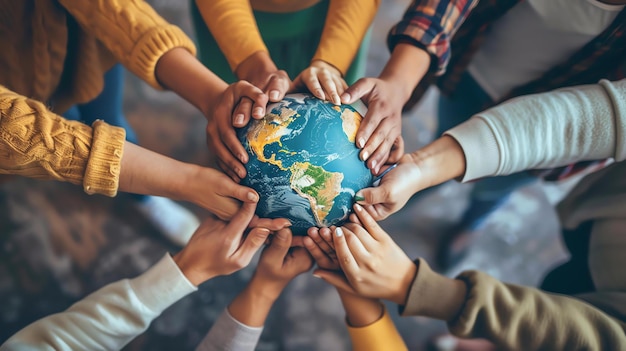 A group of diverse hands holding a globe together representing unity and cooperation in protecting the planet