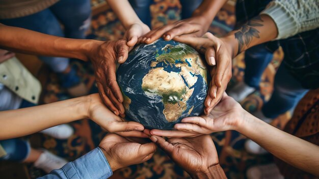 Foto un gruppo di mani diverse che tengono una terra luminosa l'immagine è un simbolo di unità e speranza per il futuro del nostro pianeta