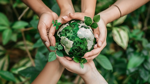 Photo a group of diverse hands holding a glowing green and blue planet earth in front of a lush green background