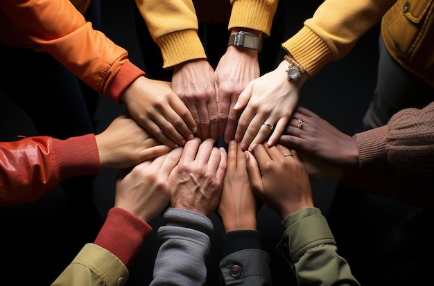 A group of diverse hands united in a circle of togetherness from different backgrounds and cultures