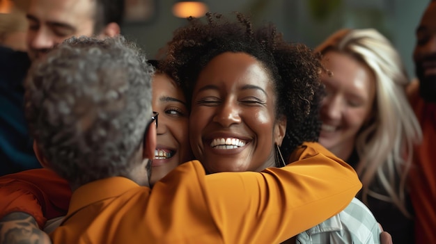 A group of diverse and happy friends are hugging each other They are all smiling and laughing The background is blurred