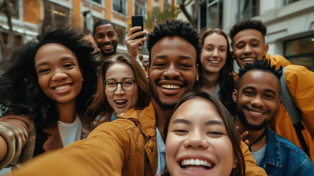 Foto un gruppo di amici diversi e felici che si fanno un selfie insieme all'aperto in città