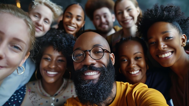 A group of diverse and happy people of all ages are posing for a selfie They are all smiling and looking at the camera