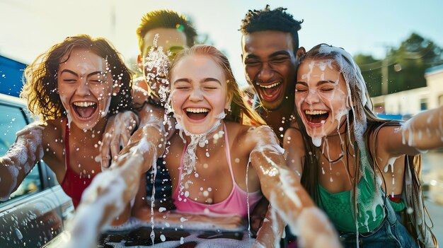 Group of diverse and happy young friends having fun and laughing while washing a car together outdoors on a sunny day