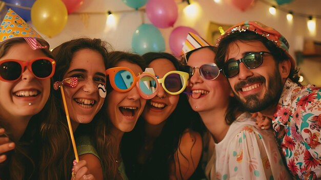 Photo a group of diverse and joyful friends wearing party hats and sunglasses are posing for a selfie