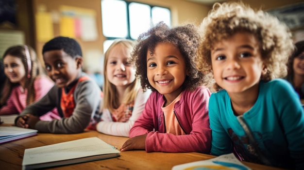 教室での前向きな幸せな教育における多様な子供たちのグループ
