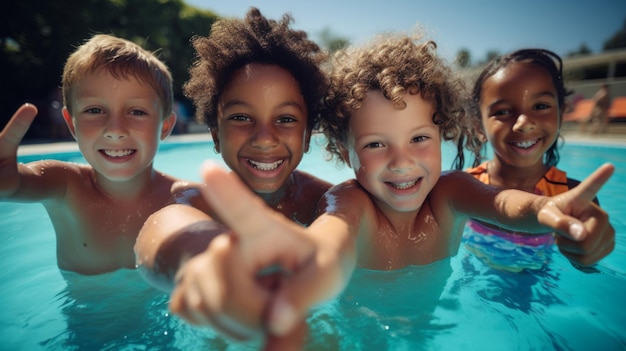 Group of diverse kids in swimming pool safe holiday fun activity