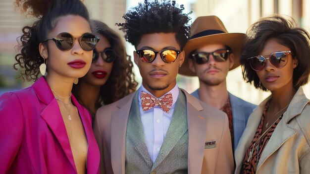 Photo a group of diverse models wearing stylish clothing and sunglasses pose together