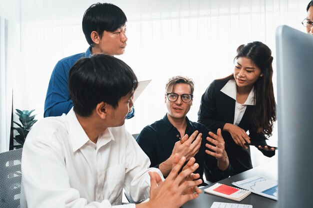 Photo group of diverse office worker employee working together prudent