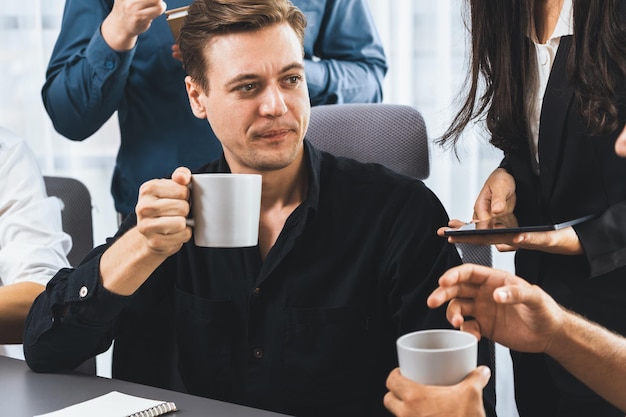 Photo group of diverse office worker employee working together prudent
