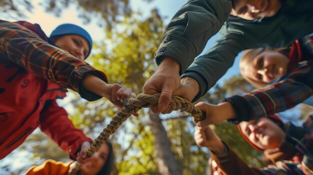 A group of diverse people of all ages are pulling on a rope together They are all smiling and look like they are enjoying themselves