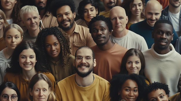 A group of diverse people of all ages and ethnicities are smiling and looking at the camera