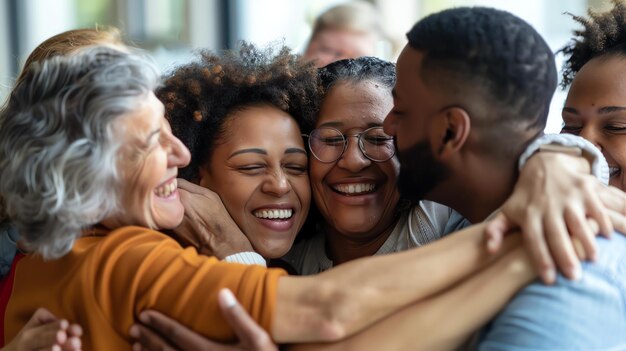 A group of diverse people are hugging each other and smiling They are all wearing casual clothes and look happy to be together