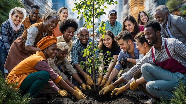 Photo a group of diverse people are planting a tree in the city