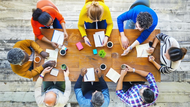 Photo a group of diverse people are sitting around a table having a meeting they are all wearing casual clothes and look to be engaged in conversation