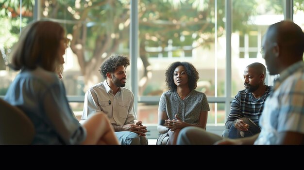 Photo a group of diverse people are sitting in a circle having a discussion they are all looking at the woman in the center who is speaking