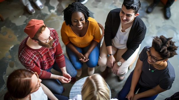 Photo a group of diverse people are sitting in a circle having a discussion they are all smiling and engaged in the conversation