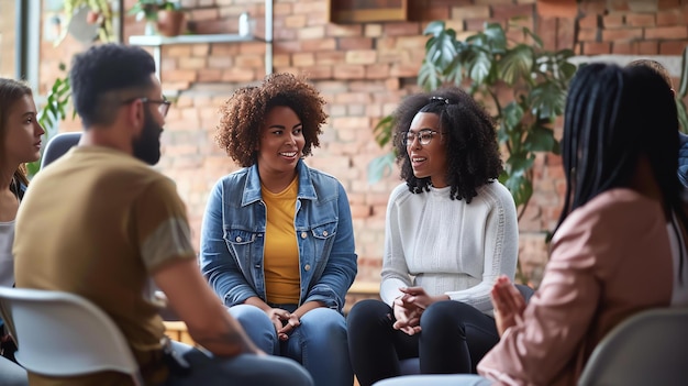 A group of diverse people are sitting in a circle having a discussion They are all smiling and engaged in the conversation