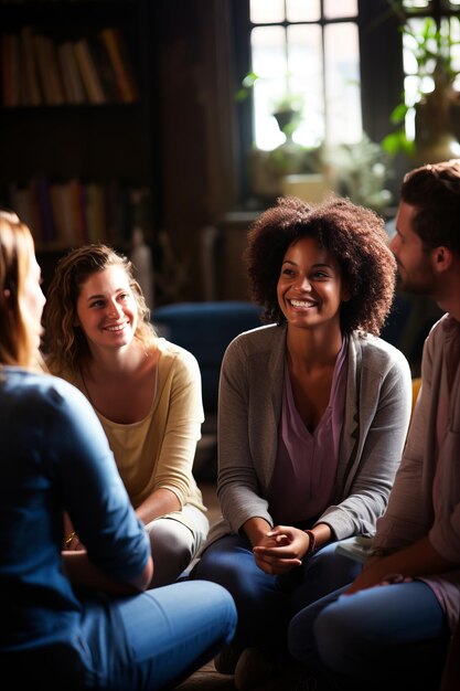 Photo a group of diverse people are sitting in a circle and talking