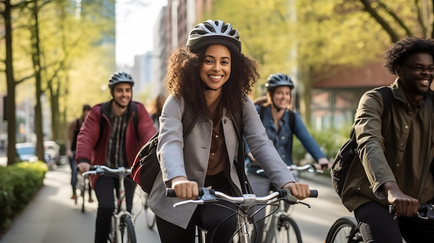 Photo a group of diverse people biking through a downtown