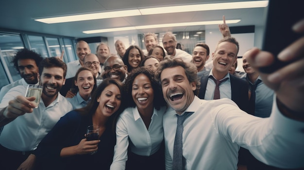 A group of diverse people celebrating at a business Christmas party joy and festive decorations