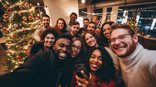 A group of diverse people celebrating at a business Christmas party joy and festive decorations