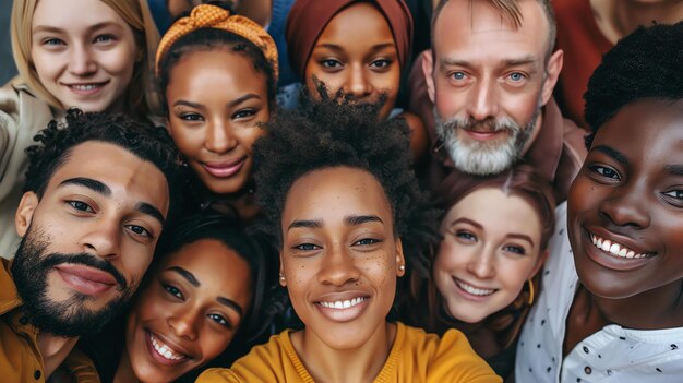 A group of diverse people of different ethnicities and ages are smiling and looking at the camera