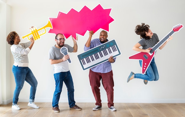 Group of diverse people enjoying music instruments